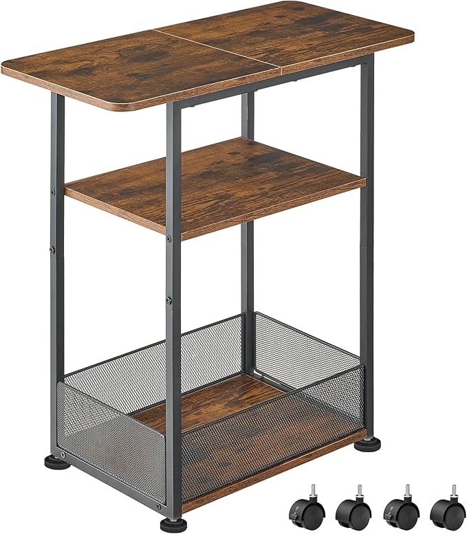 Side Table with Wheels, Narrow Side Table with 3-Layer Storage Shelves, Slim Nightstand, Metal Frame, for Small Spaces, Living Room, Bedroom, 23.6" D x 11.8" W x 25.2" H, Rustic Brown