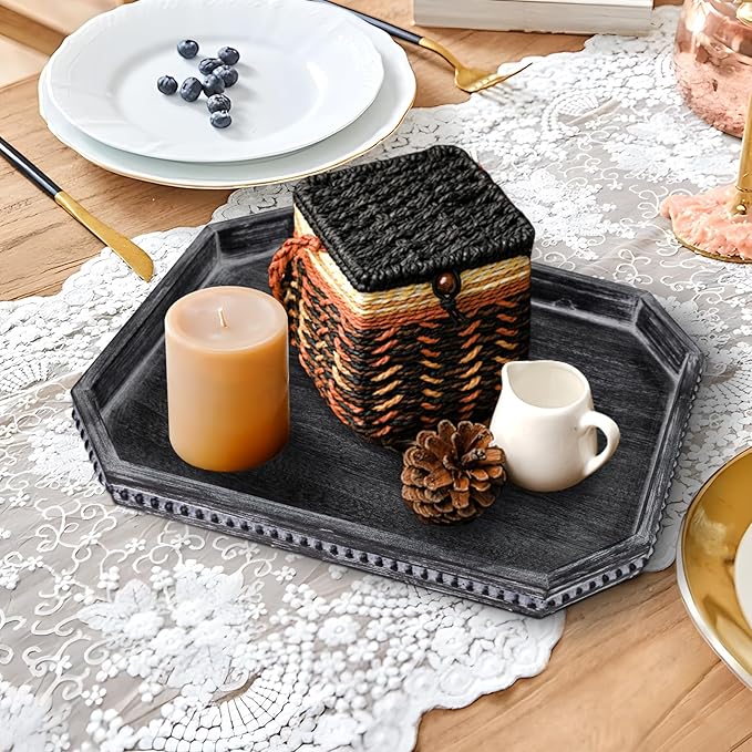 Decorative Coffee Table Serving Tray, Long Octagonal Black Wood Tray with Wooden Bead, Farmhouse Big for Ottoman Table, Countertop, Home Decor, 16.5"x13"x1.6" (Retro Black)