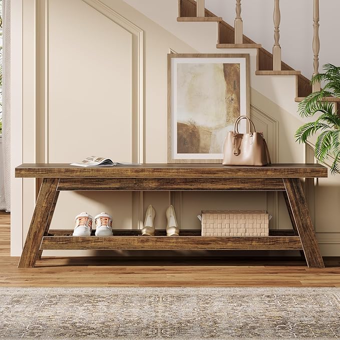 Tribesigns 55" Large Wood Entryway Bench with Shoe Storage, 2-Tier Rustic Brown Narrow Hallway Foyer Seating Bench with Open Shelves for Entryway, Bedroom, Mudroom