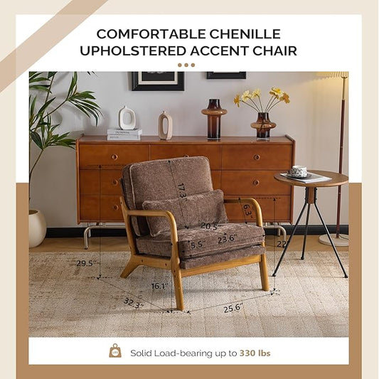 VINGLI Chenille Mid-Century Modern Accent Chair, Cute Reading Arm Chair with Cushion & Lumbar Pillow & Solid Wood Frame for Lounge, Living Room, Reading Room, Bedroom, Espresso