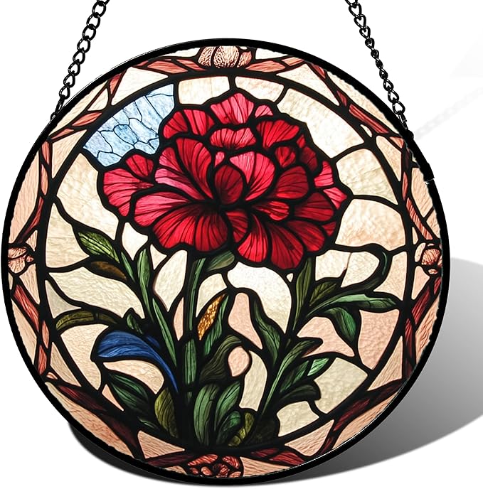 Stained Glass Window Hanging - Red Carnation Birth Flower Sun Catcher for Door Garden Home Decor Suncatcher Christmas Mother's Day Birthday Gifts for Women Men Mom Nana Friend Wife 15 in