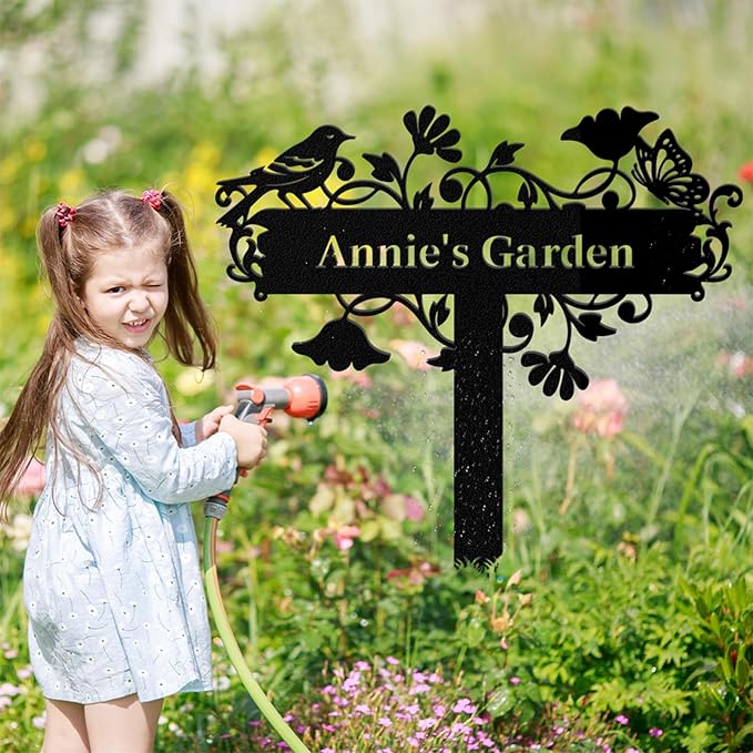 Personalized Garden Signs with Stake, Custom Garden Signs Metal for Outdoor Waterproof, Customized Metal Name Sign, Birds Flowers Design Home Patio Yard Decor Gardening Gift