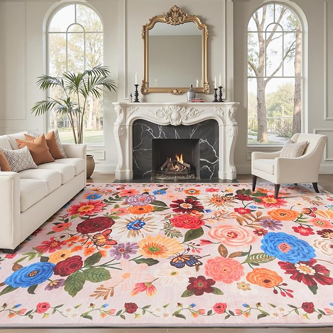 Washable Area Rug 8x10, Large Soft Rugs for Living Room Floral Carpet 8x10 Area Rugs for Bedroom Dining Room Non-Slip Stain Resistant Under Table Rug(8 x 10, Beige/Pink Garden)