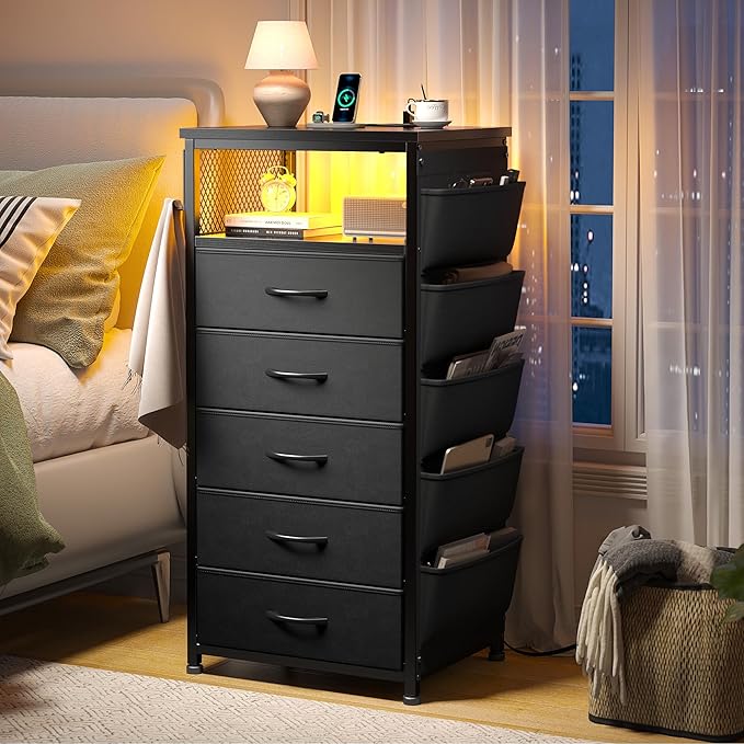 EnHomee Tall Night Stand with 5 Drawers, LED Nightstand with Ports & Outlets, Bedside Table with Extra Side Bag & Storage Shelf & Hooks, Bedroom, Dorm, Closet