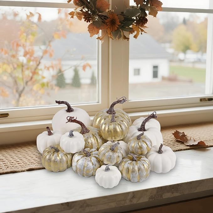 winemana 16 Pcs Golden and White Pumpkins Thanksgiving Pumpkin Decorations Assorted Sizes, Artificial Foam Harvest Autumn Decor, Fake Pumpkins Fall Decorations for Indoor Home Kitchen Table Mantle