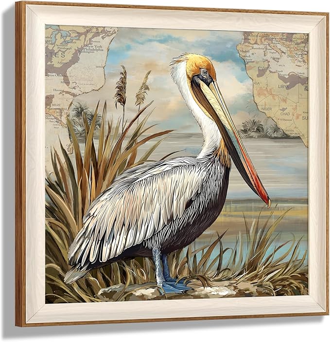 YUEYARIT Framed wall art, vintage wall decor, pelican decor, canvas printed pictures, suitable for gifts, cottagecore bedroom, bathroom, living room, and office artwork.12X12Inch