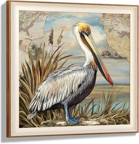 YUEYARIT Framed wall art, vintage wall decor, pelican decor, canvas printed pictures, suitable for gifts, cottagecore bedroom, bathroom, living room, and office artwork.12X12Inch