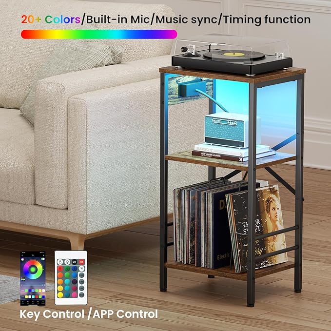 Record Player Stand with Charging Station, 3-Tier Side Table with LED Light, End Table Nightstand for Vinyl Storage, Tall Beside Tables Turntable Stand Living Room, Bedroom, Rustic Brown and Black