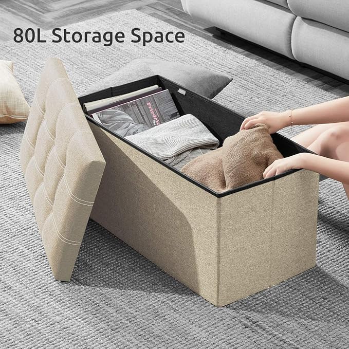 YOUDENOVA 30 inches Folding Storage Ottoman, Ottoman with Footrest Seat Support 350lbs, Storage Bench for Living Room Bedroom, Linen Fabric Beige