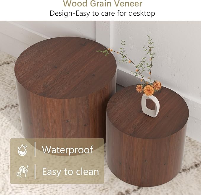 Nesting Coffee Table Set of 2, Round Walnut Wooden Coffee Tables Modern Circle End Table Side Tables for Small Spaces Living Room, Bedroom, Balcony, Office