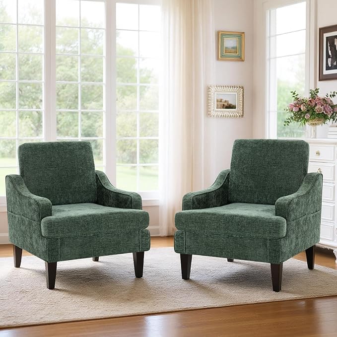Accent Chair,Chenille Fabric Armchair for Living Room,Single Sofa Chair,Upholstered Chair for Bedroom with Wood Legs(Green,2Pack)