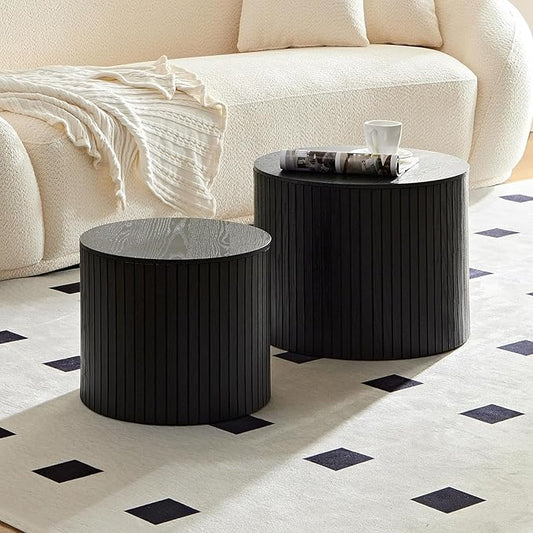 KEVINSPACE Small Coffee Table Nesting End Table Set of 2, Round Coffee Table with Storage Function Wood Side Table Circle Accent Tables for Small Spaces Living Room Bedroom Balcony Office Black