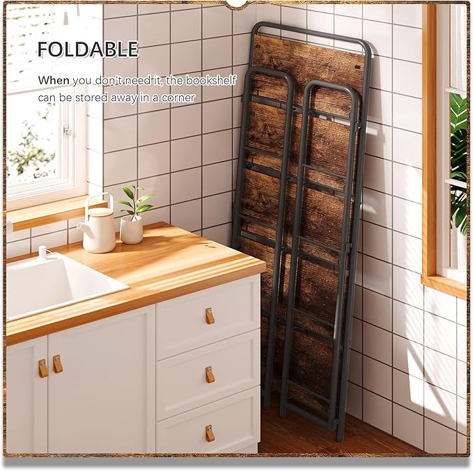 4NM No Assembly Folding Bookshelf, 5 Tiers Collapsible Book Shelves Open Industrial Foldable Storage Bookcase Shelf for Bedroom, Living Room, Home Office - Rustic Brown and Black