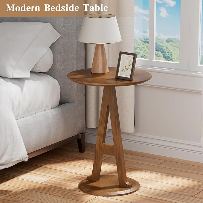 Aoligrace Round End Table, Farmhouse Side Table with Unique A-Shaped Leg,Wooden Small Coffee Tables for Couch Sofa Nightstand Accent Tables for Living Room Bedroom,Easy to Assemble