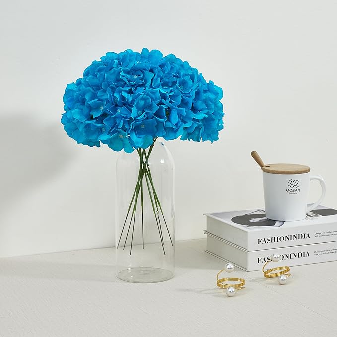 10Pcs Pacific Blue Artificial Hydrangea Flowers Fake Hydrangea Silk Flowers for Wedding Centerpieces Bouquets DIY Floral Decor Home Decoration with Stems(VASE NOT Included)