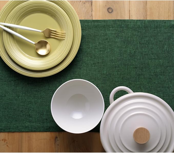 Solino Home Linen Table Runner 48 Inches - 100% Pure Linen Forest Green Table Runner 14 x 48 Inch Ideal for Dresser and Coffee Tables - Athena - Christmas, Thanksgiving