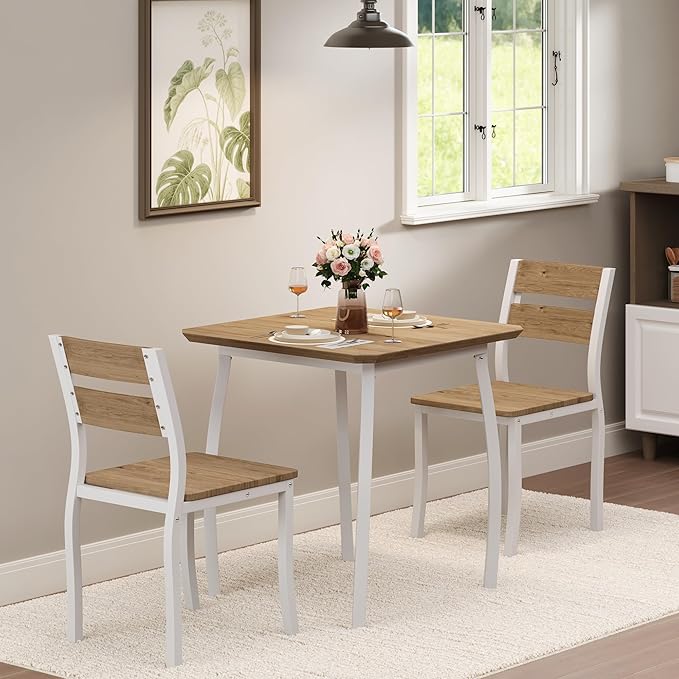 Small Dining Table Set for 2,3-Piece Kitchen Table Set with Thick Wood Grain Tabletop & 2 Upholstered Chairs & Metal Frame, Compact Table Set for Small Spaces & Kitchens & Dining Rooms（Natural）