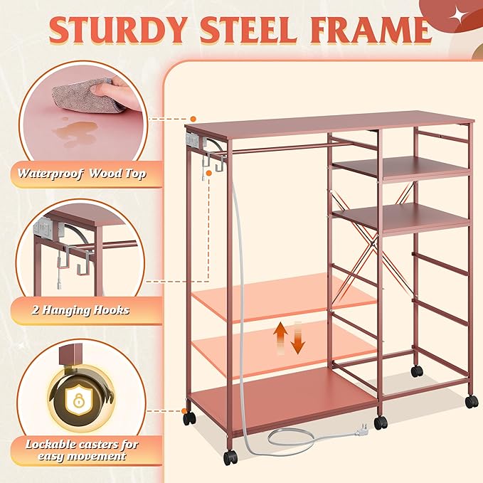 WLIVE Pink Dresser with Hanging Rack for Bedroom, 3 Drawer Dresser with LED Lights & Charging Station, Fabric Dressers & Chest of Drawers, Storage Organizer with Open Shelves for Living Room