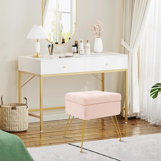 Vanity Chair with Storage, 15.7" L x 11.8" W x 17.7" H Teddy Velvet Vanity Stool with Coffee Table and Metal Legs, Multifunctional Makeup Stool for Vanity, Bedroom, and Living Room, Pink