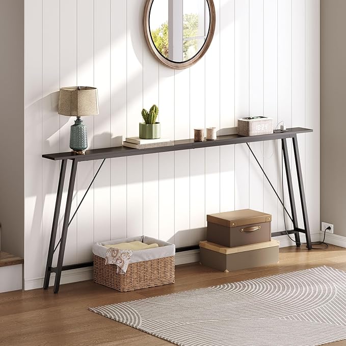 78.7" Couch Table Behind Sofa, Narrow Console Table with Outlet, Skinny Sofa Tables Narrow Long, Long Entryway Tables for Hallway, Entryway, Living Room, Black CT205UBB