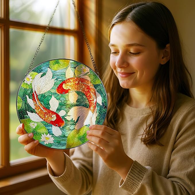 8-Inch Koi Fish Stained Glass Suncatcher Ornament, Stained Glass Window Hanging, Window Hanging Decor – Mother's Day, Christmas, Birthday | Gifts for Parent, Friend, Newlywed, Coworker | Holiday Decor