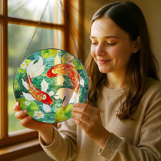 8-Inch Koi Fish Stained Glass Suncatcher Ornament, Stained Glass Window Hanging, Window Hanging Decor – Mother's Day, Christmas, Birthday | Gifts for Parent, Friend, Newlywed, Coworker | Holiday Decor