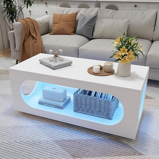 43" White Led Coffee Table for Living Room, Modern Living Room Table Rectangular Contemporary Center Table with Storage, Wooden Coffee Tables with LED Lights for Dining Reception Room