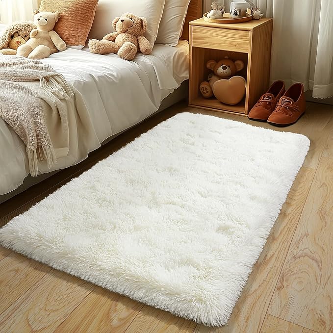 Small Runner Rugs for Bedroom Hallways, 2x4 Runners for Hallways Fluffy Shag Throw Area Rug Non Slip for Bedside Dorm, Shag Rugs for Girls Boys Bedroom, Floor Carpet Runner for Kids Dorm, Cream White