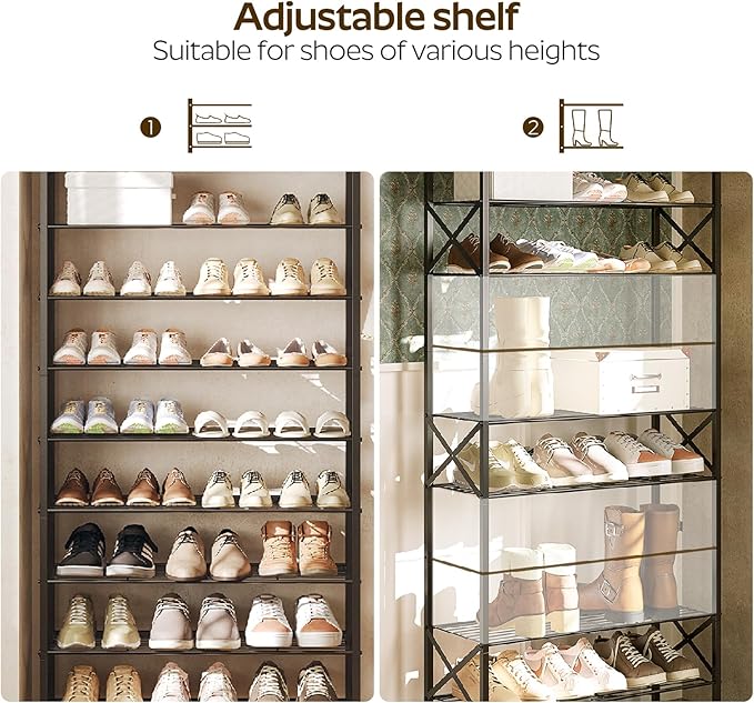 10 Tier Shoe Rack, Large Capacity Shoe Storage Organizer Holds 40 Pairs, Sturdy and Stable, for Entryway, Hallway, Closet, Dorm Room, Charcoal SS10BCG1