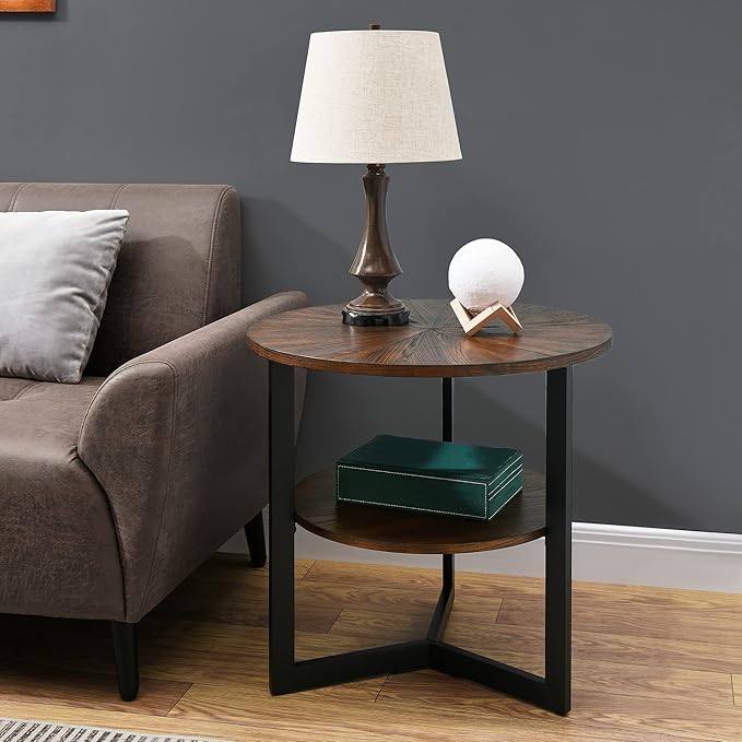 Round End Table with Storage Shelf, 25in Circel Accent Side Table with Metal Legs, 2-Tier Industrial Sofa Side Table for Living Room Bedroom, Brushed Brown