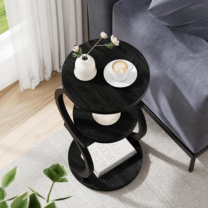 JUSTOGO Small Round Side Table, 3-Tier End Table for Living Room, Vintage Nightstand for Small Spaces Sofa Couch Corner Bedside Bedroom, S-Shaped Wood Accent Table Matel Coffee Table, Black