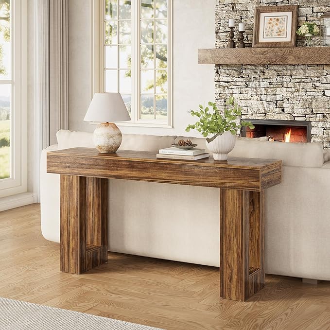 LITTLE TREE 63-Inch Long Console Tables for Entryway, Large Sofa Table Behind Couch, Wooden Entry Foyer Hallway Table, Industrial Console Sofa Tables for Living Room, Rustic Brown