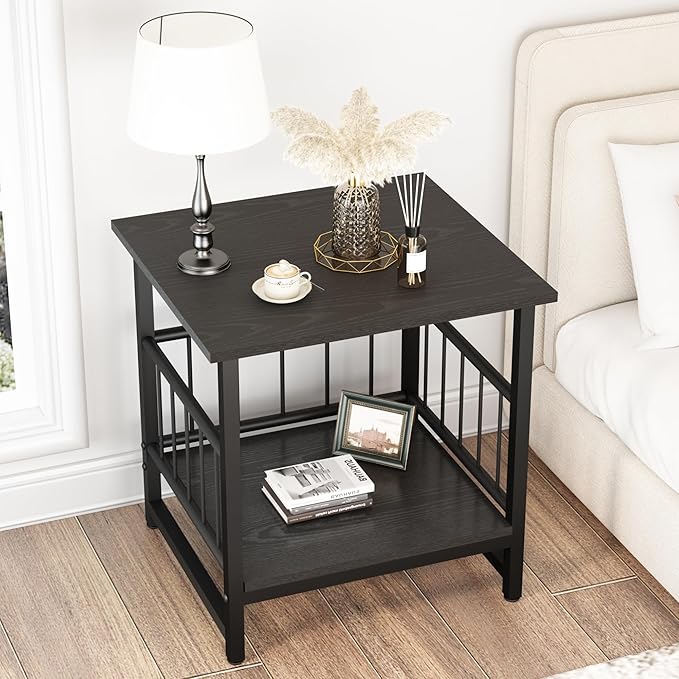18" Square End Table, Modern Nightstand Side Table, Nightstand with Open Storage Shelf for Living Room, Heavy Duty Stand of Mini Beverage for Dorm, Kitchen Room, Black