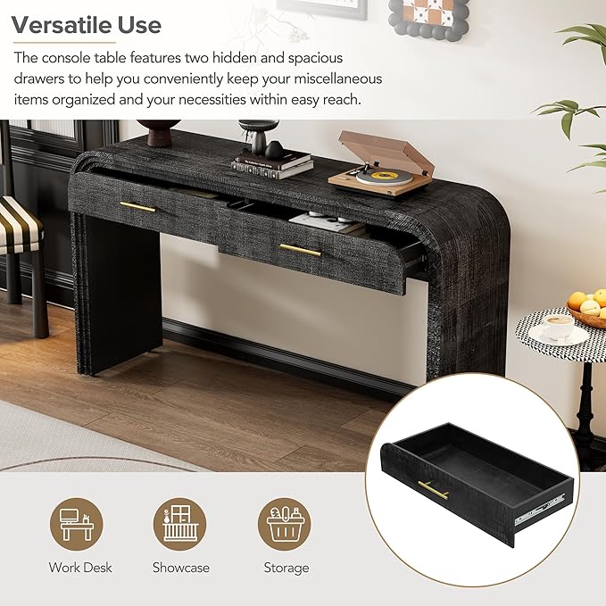 Console Table with 2 Drawers, Black Unique Retro Silhouette Entryway Table Narrow Wood Sofa Table with Storage for Entryway, Hallway, Living Room, Dinning Room, Foyer, Corridor