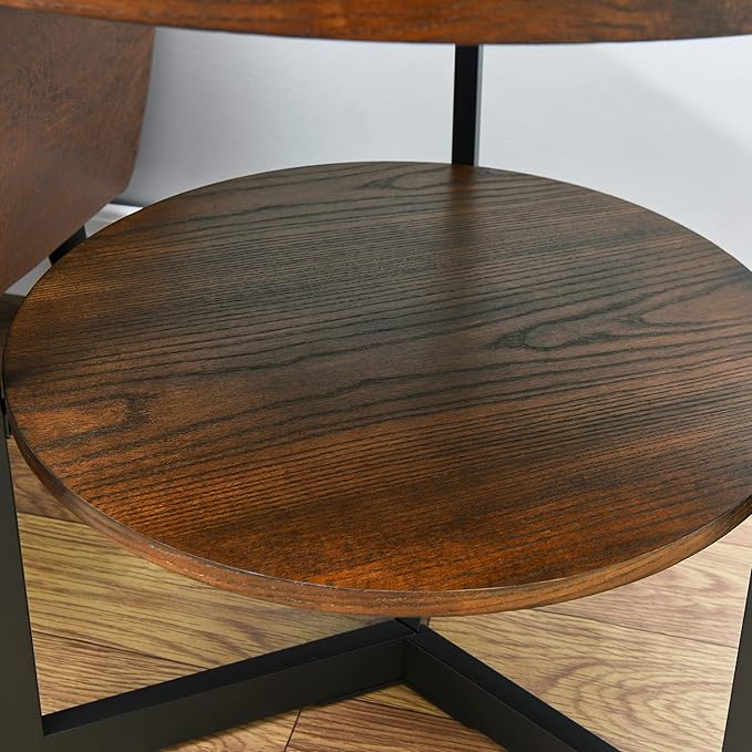 Round End Table with Storage Shelf, 25in Circel Accent Side Table with Metal Legs, 2-Tier Industrial Sofa Side Table for Living Room Bedroom, Brushed Brown