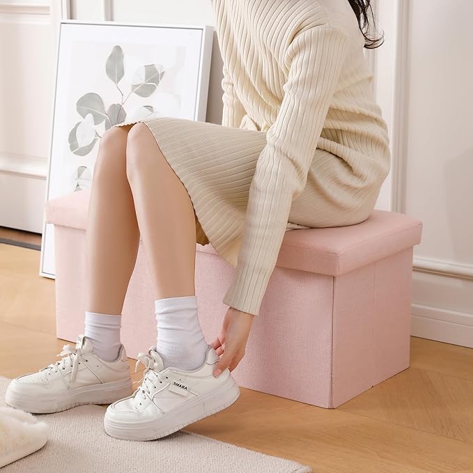 CUYOCA Storage Ottoman Bench Foldable Seat Footrest Shoe Bench End of Bed Storage with Flipping Lid, 75L Storage Space, 30 inches Linen Fabric Pink, OT026PK