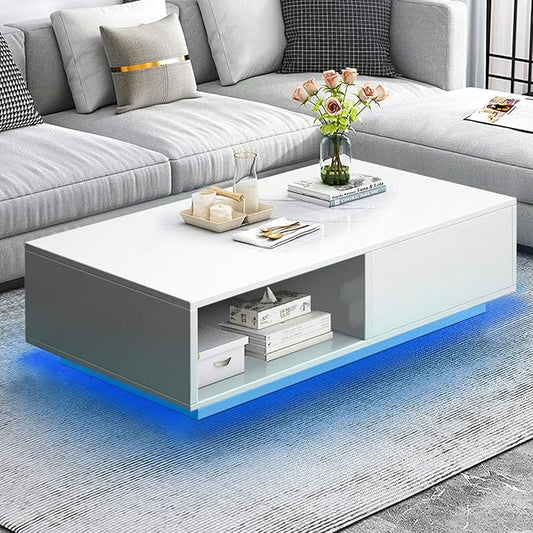 COSVALVE Modern White LED Coffee Tables for Living Room with Drawer & 16-Color LED Lights, Rectangle Living Room Sofa Table with Ample Storage Space(23.6" D x 43.3" W x 15.7" H)
