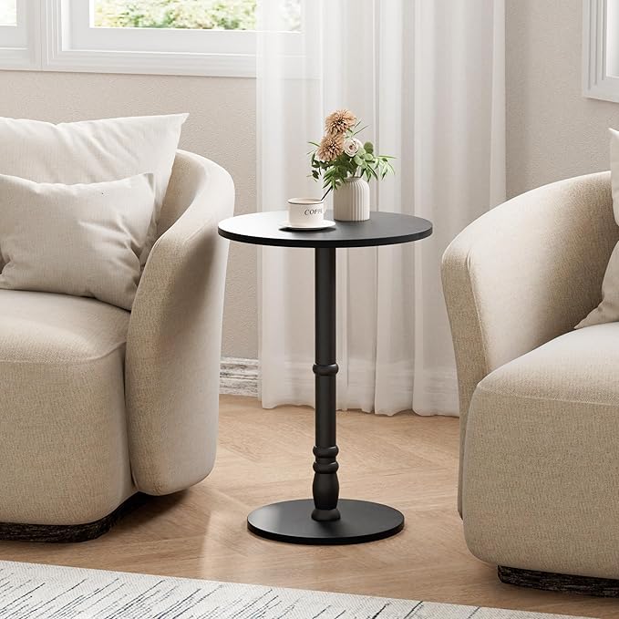 Round Side Table, Solid Wood Pillar, Large 15.7" Top, Small Accent Table for Living Room, Bedroom, Sofa, Entryway & Office, Easy Assembly, Black