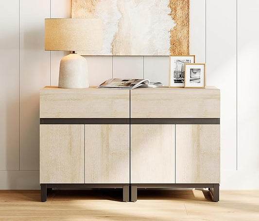 WAMPAT 2 Pack Modern End Table with 1 Drawer & 1 Storage Cabinet, Farmhouse Sofa Table with 2 Open Door, Wood Rustic Side End Table for Living Room, Nighstand for Bedroom, Light Oak