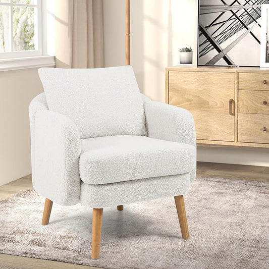 Giantex Sherpa Accent Chair, Modern Upholstered Single Sofa Chair with Back Pillow & Solid Rubber Wood Legs, Teddy Barrel Arm Chair for Reading, Living Room, Bedroom, Office, White