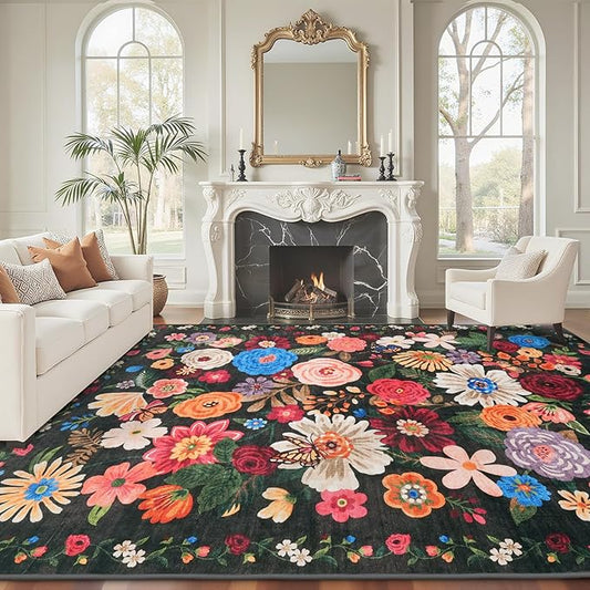 Black Living Room Rugs, Area Rugs 5x8 Rug for Bedroom Ultra-Thin Soft, Non-Slip Washable Rugs Stain Resistant Boho Rug Low-Pile Throw Rug for ‎Dining Room Office (5 x 8, Black Garden)