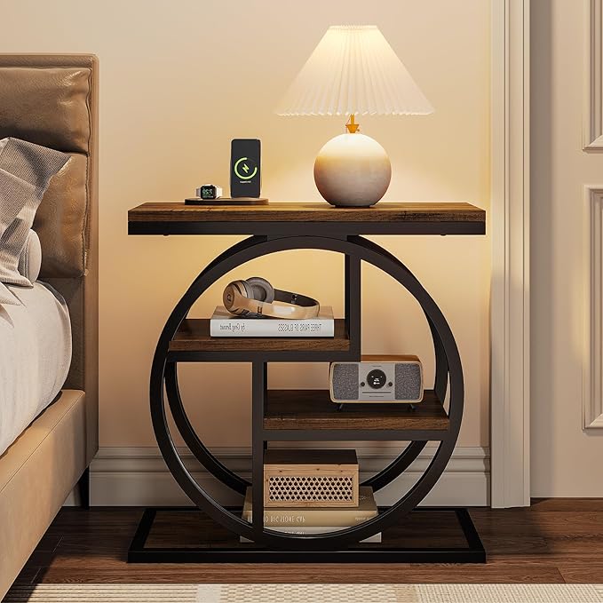 Tribesigns End Table for Living Room, 4-Tier Narrow Side Table with Storage Shelves, Industrial Bedside Table for Bedroom, Wood Small Sofa Side Table with Geometric Metal Frame (1 PC, Rustic Brown)