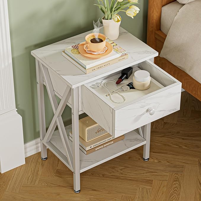 VECELO Nightstands Set of 2, Modern Bedside End Tables, Night Stands with Drawer and Storage Shelf for Living Room Bedroom, Industrial Metal Frame