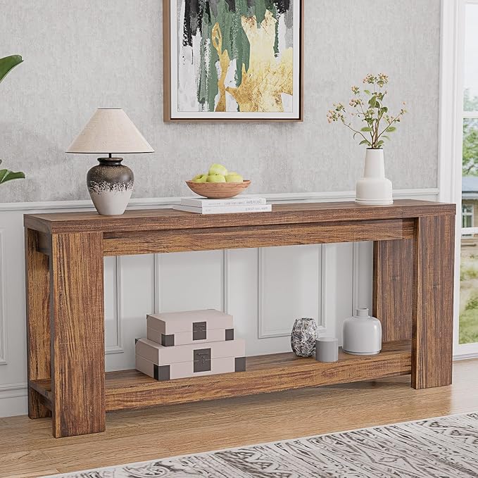 Farmhouse Console Table with Storage Shelf, 70.9” Extra Long Sofa Table Behind Couch, Rustic Entryway Table for Hallway, Living Room, or Foyer, Wooden Texture MDF Board, Rustic Brown