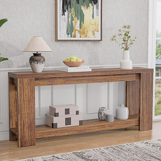 Farmhouse Console Table with Storage Shelf, 70.9” Extra Long Sofa Table Behind Couch, Rustic Entryway Table for Hallway, Living Room, or Foyer, Wooden Texture MDF Board, Rustic Brown