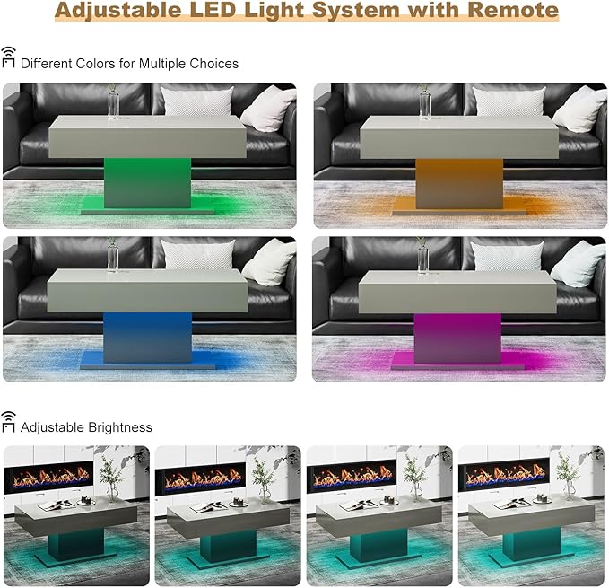 Led Coffee Table for Living Room, Living Room Table Rectangular Center Table, Modern High Glossy Wooden Coffee Tables with 16 Colors LED Lights for Dining Reception Room, Grey