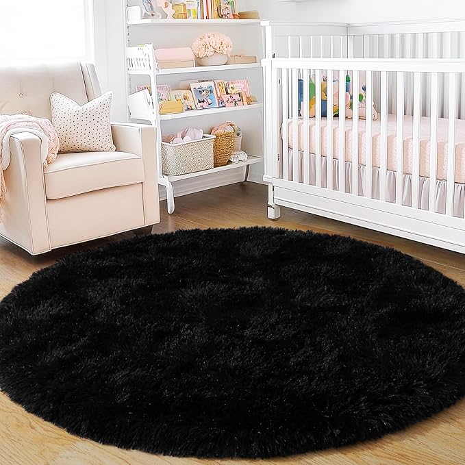 5'x5' Black Round Rug for Bedroom, Ultra Soft Fluffy Circle Rug for Kids Girls Boys Room, Cute Shag Rugs for Living Room Playroom Teen Room Home Decor Rug