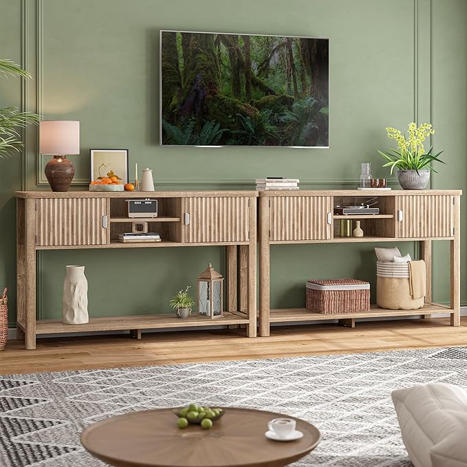 Fluted Console Table with 2 Door Cabinets, Modern Entryway Table with 3 Open Storage Shelves, Narrow Behind Couch Sofa Table for Living Room, Hallway, Foyer, 45.7" W×13.8" D×33.5" H, Oak