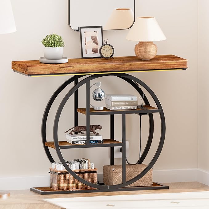 Console Tables for Entryway, Built-in US Standard Outlet & LED Strip Lights, 4-Tier Industrial Narrow Wood Sofa Table, Entryway Table with Storage Shelves for Living Room