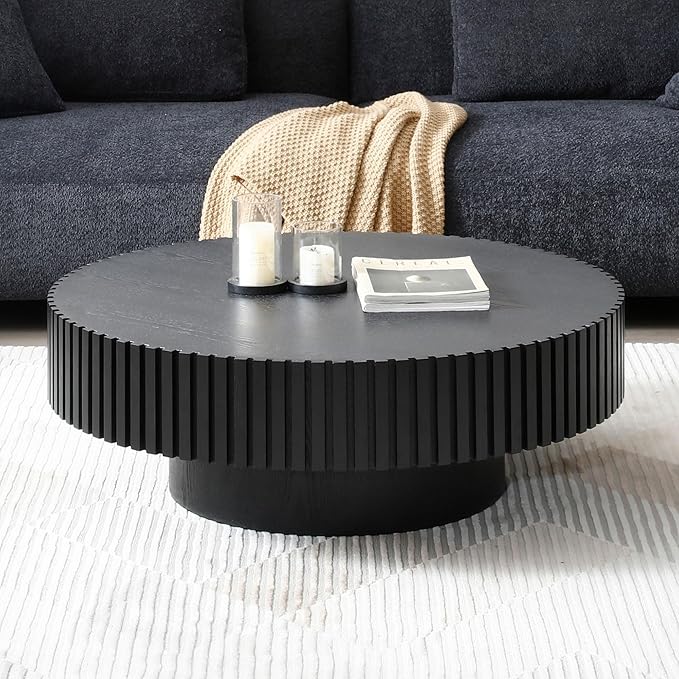 31.49" Black Round Coffee Table for Living Room Modern Wood Fluted Coffee Table with Pedestal Base Circle Accent Table for Apartment Easy Assembly (Watt Black,Round+Ø31.49"x13.97")
